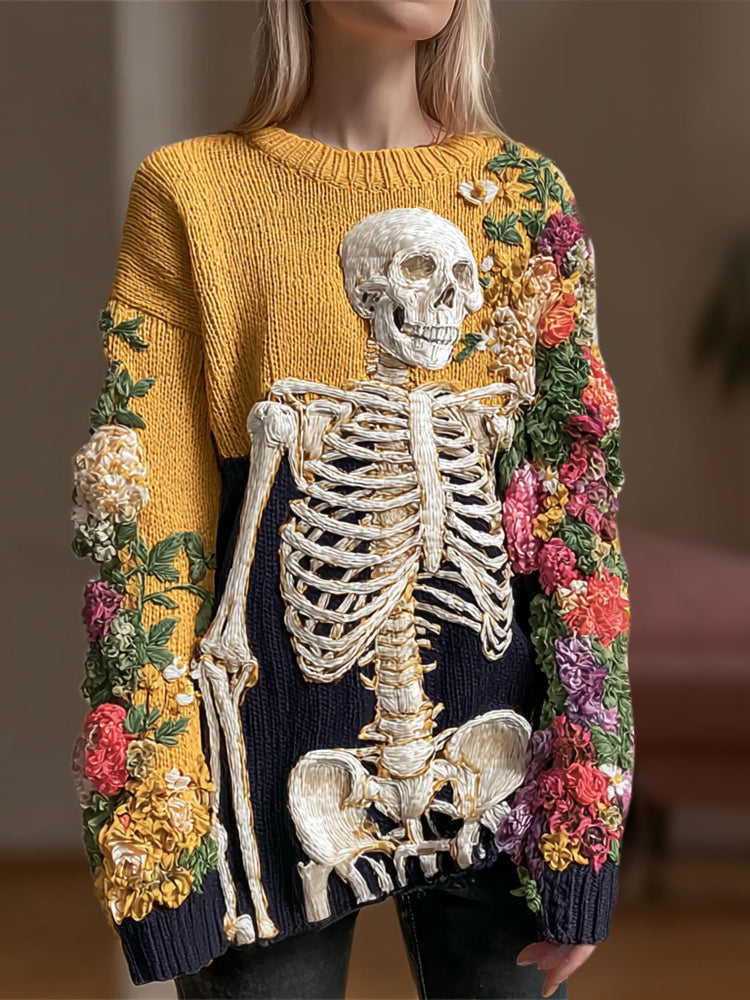 Comstylish Halloween Skeleton & Floral Embroidery Women's Knit Sweater