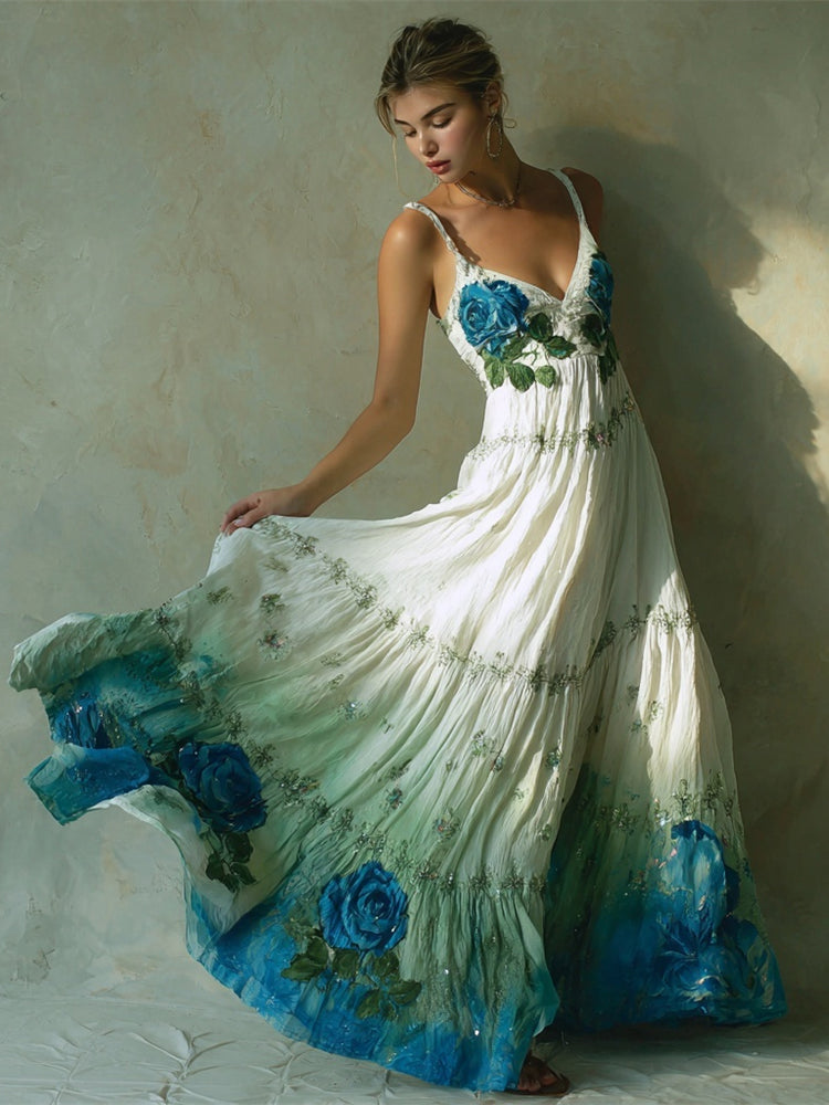 Elegant Boho Floral Gradient Embroidery Women's Spaghetti Strap Maxi Dress elevenforest