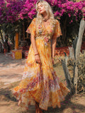 Boho Sunset Floral Tie-dye Women's Linen V-neck Flowy Maxi Dress elevenforest