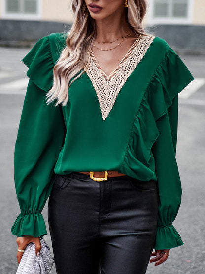 Long Sleeves Loose Asymmetric Hollow V-neck Blouses&shirts Tops