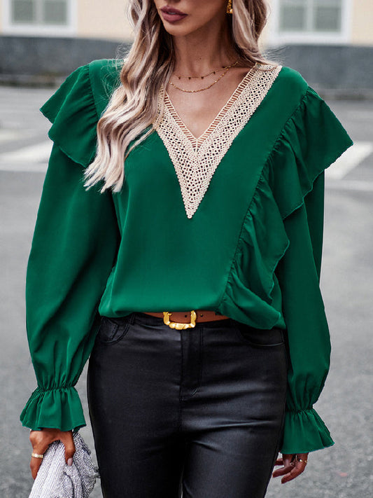 Long Sleeves Loose Asymmetric Hollow V-neck Blouses&shirts Tops