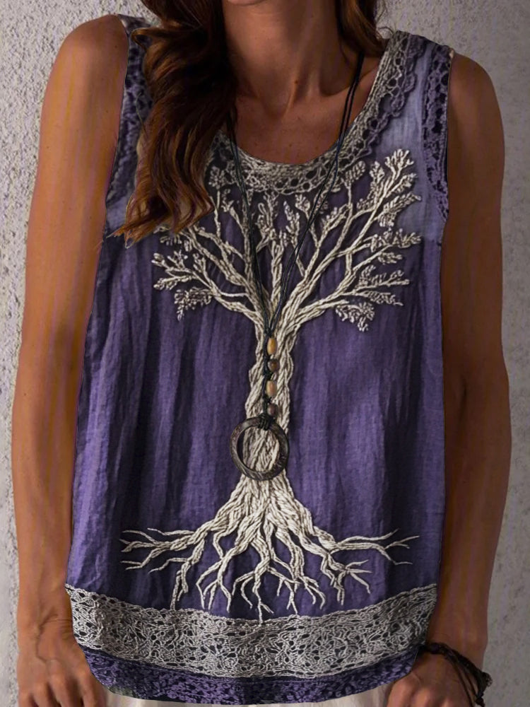 Tree Of Life Lace Embroidered Women's Linen Tank Top elevenforest
