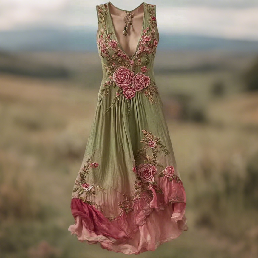 Women Vintage  Floral Art V Neck Linen Maxi Dress elevenforest
