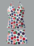 V-Neck Cute Multicolor Berries Art Print Suspender Skirt Tankini Pantskirt Set Swimsuit