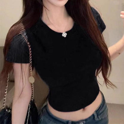 T-shirt Short Sleeve O Neck Slim Fit Crop Top Butterfly Hollow Backless for Tops Summer