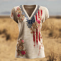 Independence Day Boho Floral Sequin Embroidered Women's Linen V-neck T-shirt elevenforest