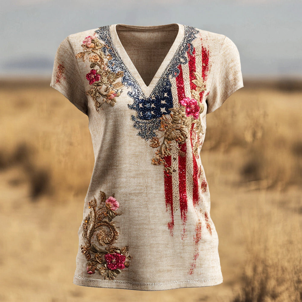 Independence Day Boho Floral Sequin Embroidered Women's Linen V-neck T-shirt elevenforest