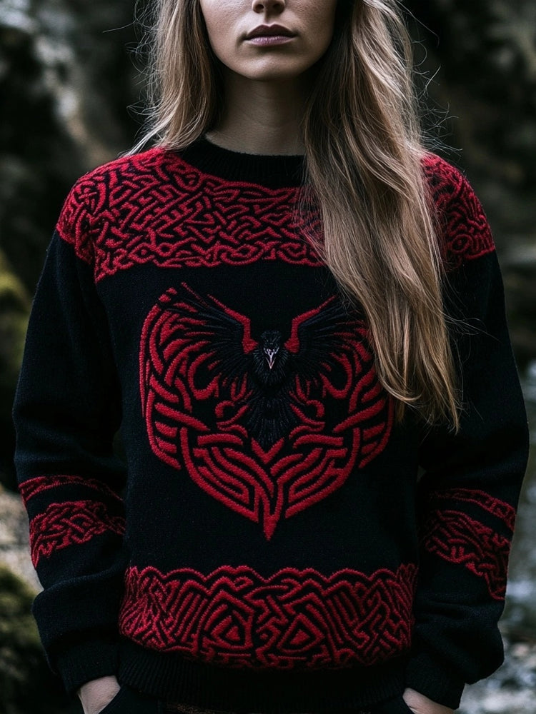 Viking Raven Inspired Jacquard Retro Crew Neck Cozy Sweater elevenforest
