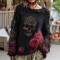Rose And Skull Embroidered Gothic Chunky Knit Sweater elevenforest