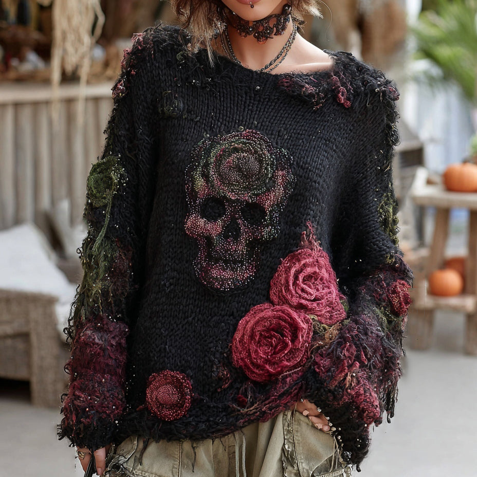 Rose And Skull Embroidered Gothic Chunky Knit Sweater elevenforest