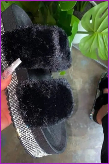 Bling Slide Sandals Plush Slippers Furry Slides F1194