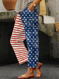 Women's Independence Day Flag Star Stripe Print Cotton Linen Casual Pants elevenforest