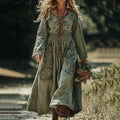 Retro Boho Linen Ethnic Art Loose Maxi Dress elevenforest