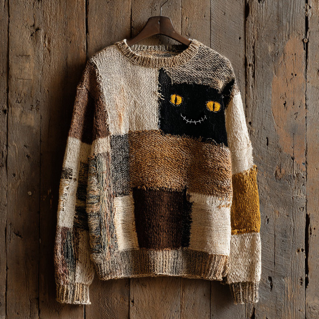 Halloween Abstract Black Cat Smiling Face Contrast Stitched Cozy Knit Sweater elevenforest