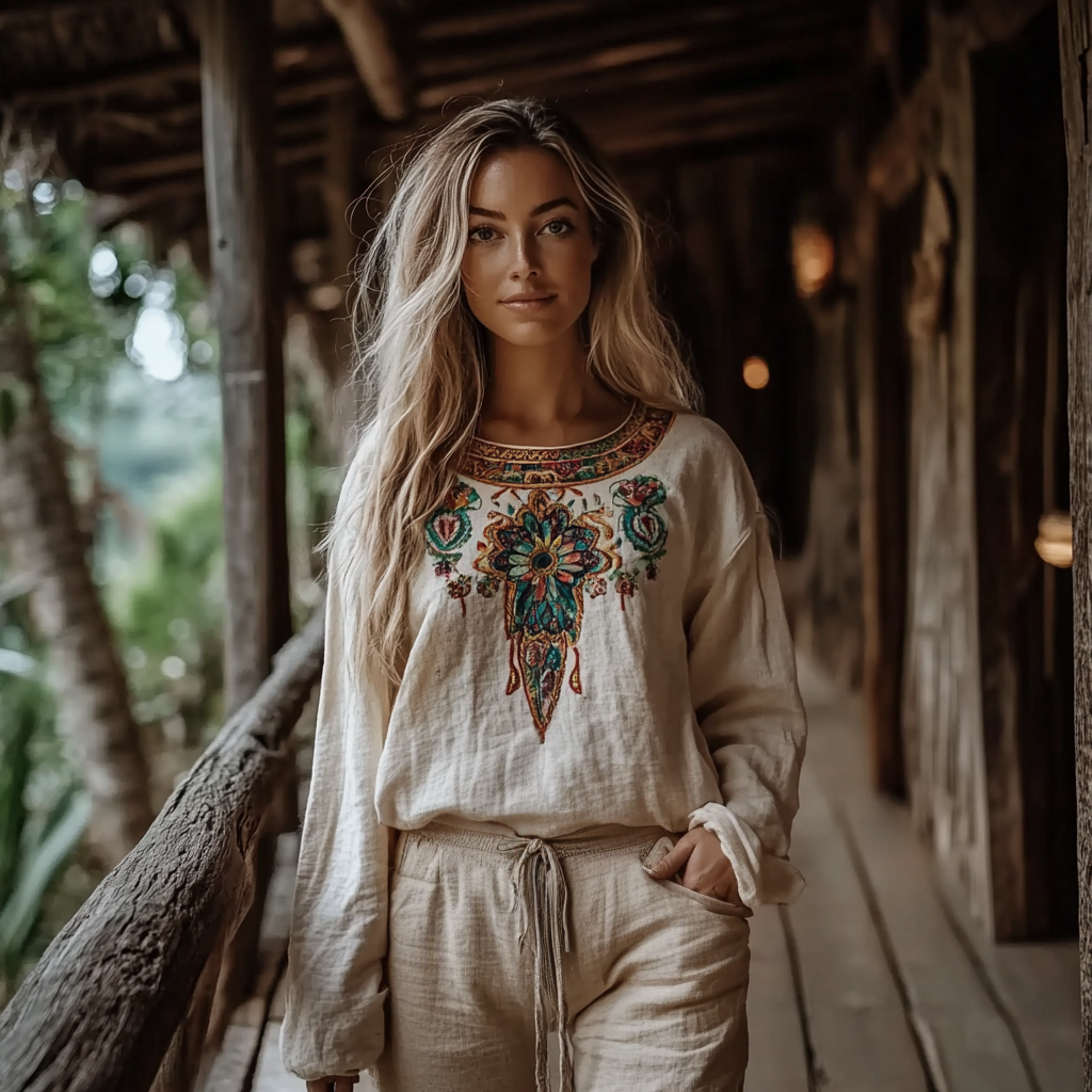 Bohemian Embroidered Floral Crew Neck Linen Blend Blouse elevenforest