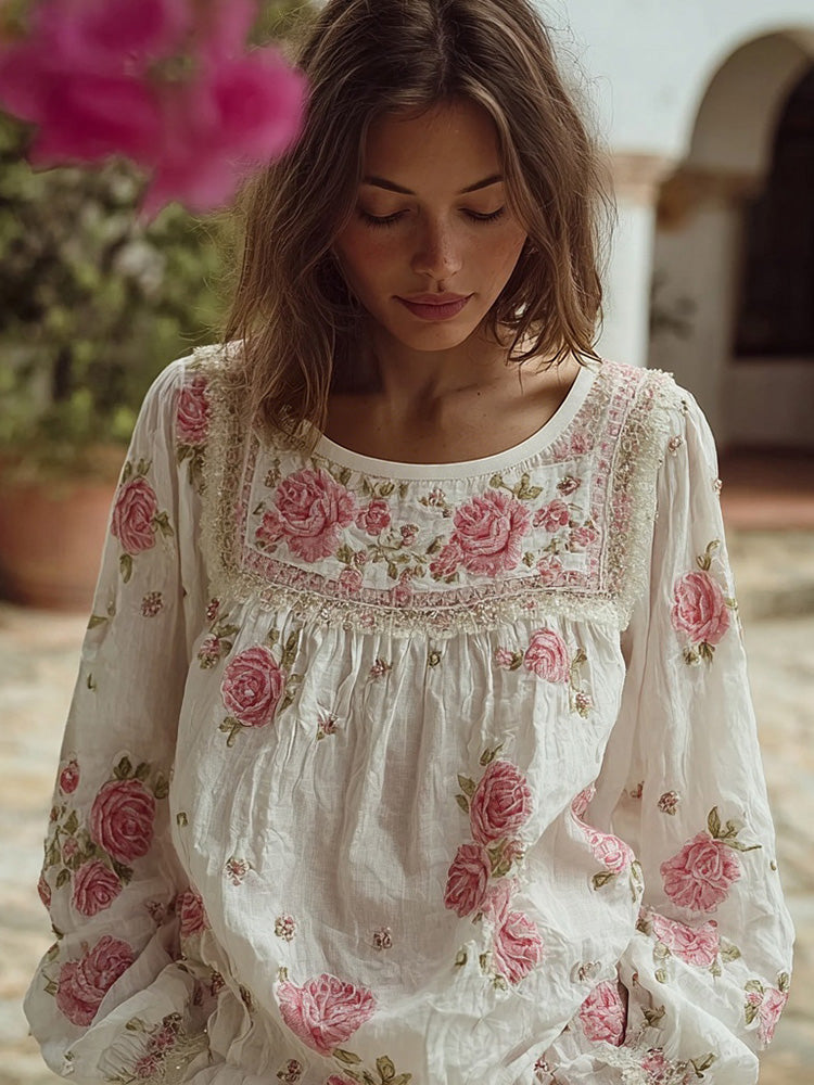 Vintage Boho Roses Pattern Comfy Linen Tunic elevenforest