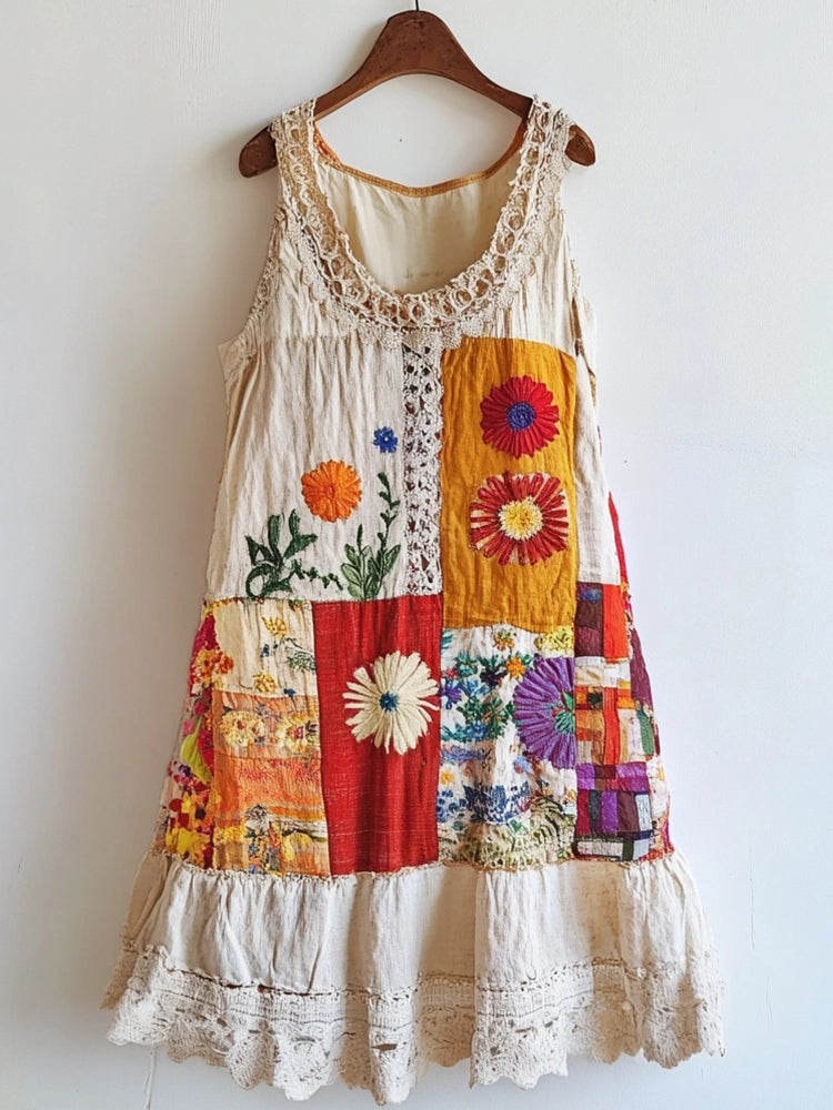 Floral Embroidered Lace Patchwork Linen Blend Dress elevenforest