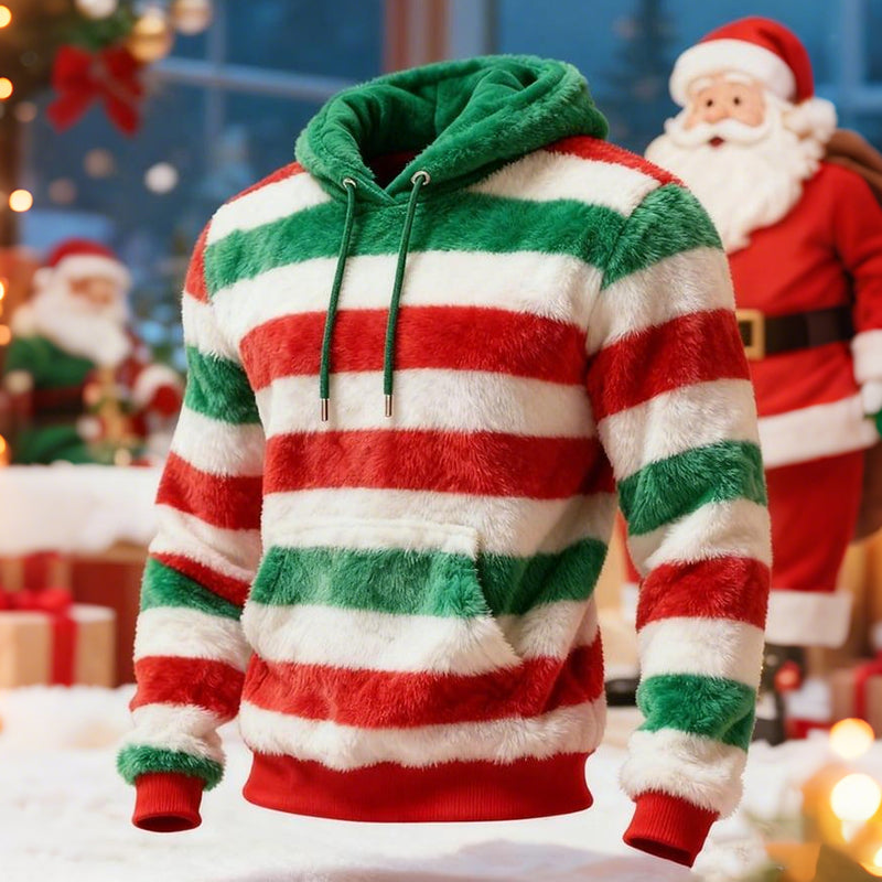 Men's Christmas Striped Print Plush Warm Hoodie elevenforest