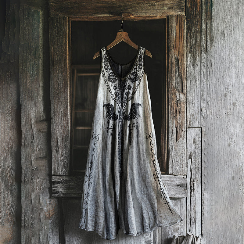 Women's Vintage Viking Raven Rune Print Cotton And Linen Dress elevenforest