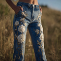 Bohemian Style Women's Plant Flower Embroidery Loose Fit Wide Leg Straight Leg Denim Long Pants elevenforest