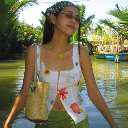 Clothing Summer Square Collar Sleeveless Buckle Cardigan Short Cropped Vest Hair