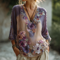 Women's Vintage Purple Floral Embroidery Art V-neck Shirt elevenforest