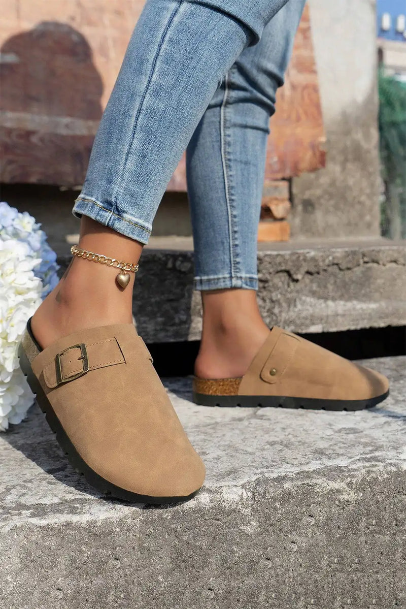 French Beige Suede Buckle Slippers