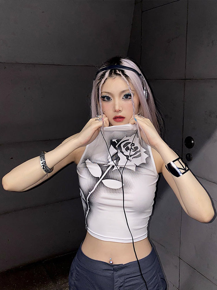 Gothic Rose Print Tank Top Aesthetic Y2k Crop Top Sleeveless Vest Harajuku Black Summer Tops Slim Clothes