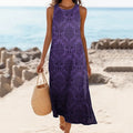 Women's Ethnic Totem Floral Print Round Neck Linen Blend Tank Midi Dress elevenforest