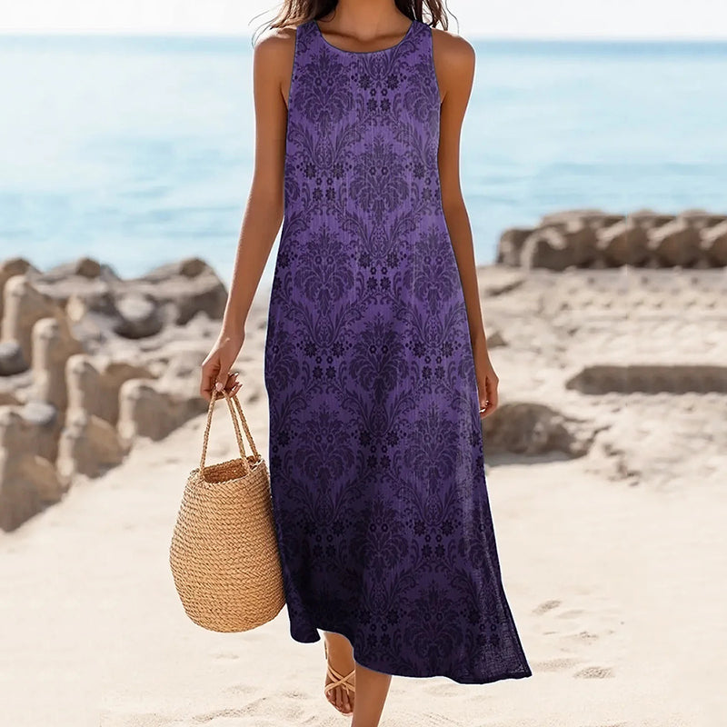 Women's Ethnic Totem Floral Print Round Neck Linen Blend Tank Midi Dress elevenforest