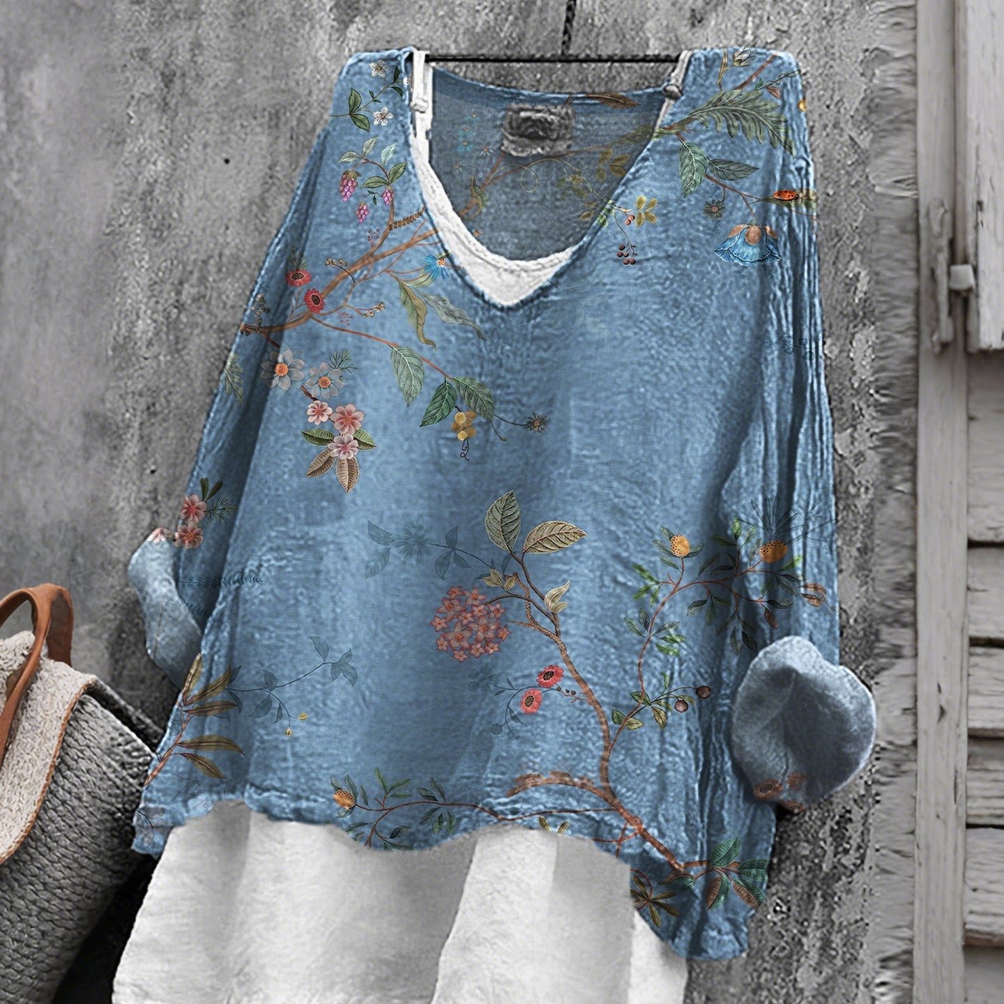 Comstylish Women's Vintage Floral Art Print V-neck Loose Linen T-shirt