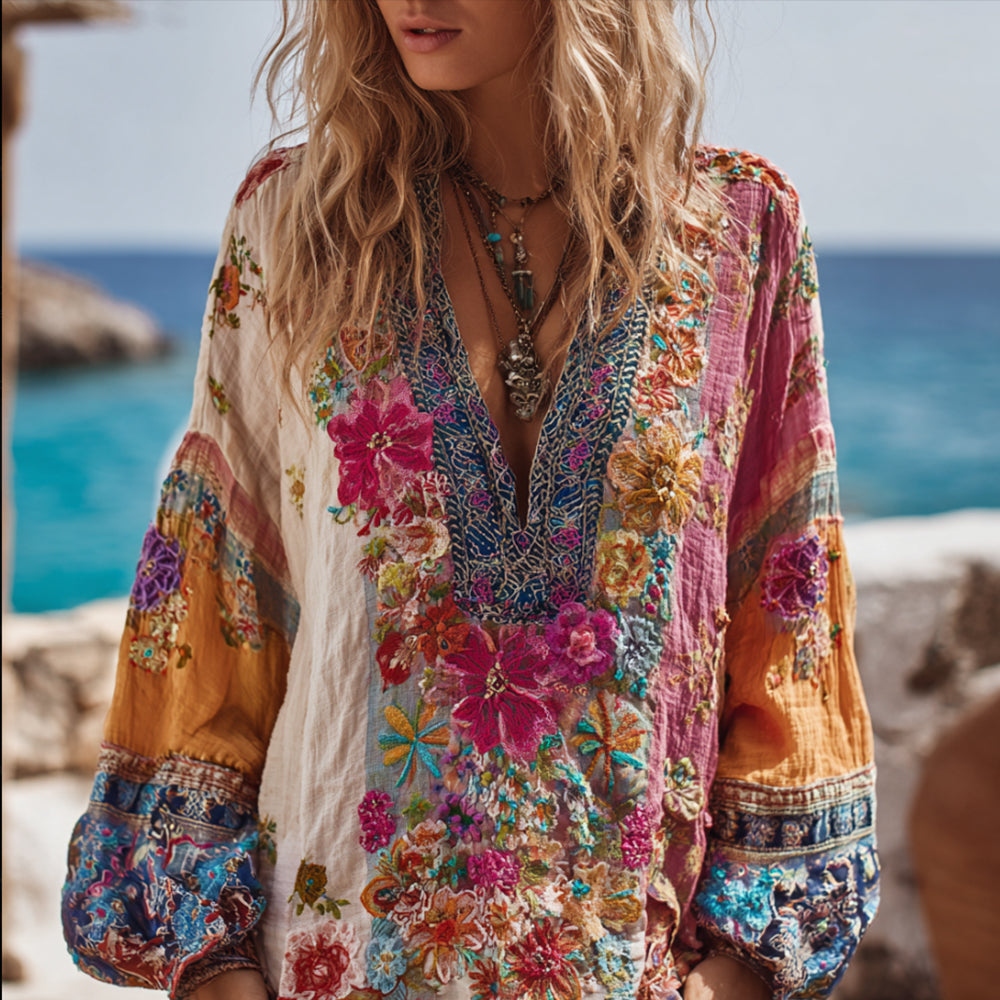 Bohemian Style Bright-colored Floral Resort Long-sleeved V-neck Top elevenforest