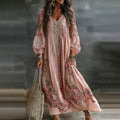 Women's Retro Floral Art Flowy Linen Blend Casual Long Sleeve Maxi Dress elevenforest
