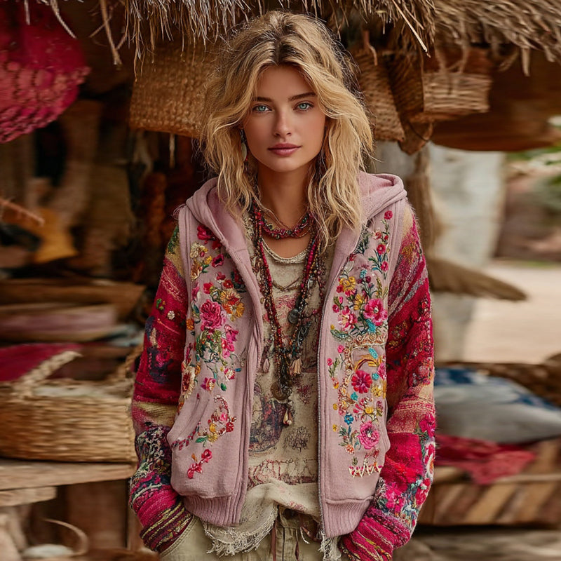 Women's Bohemian Floral Embroidery Art Casual Zipper Hoodie elevenforest
