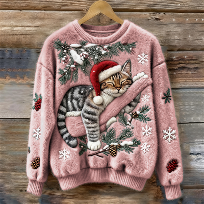 Christmas Lazy Cat Art Women's Cozy Plush Sweater artswardrobe