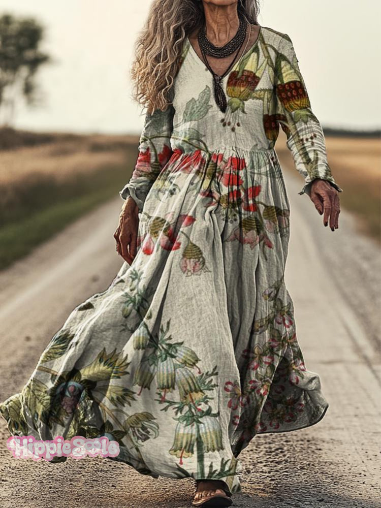 Women's vintage ornate floral Print Pocket Cotton Dress