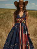 Floral American Flag Inspired Glitter Linen Maxi Dress elevenforest