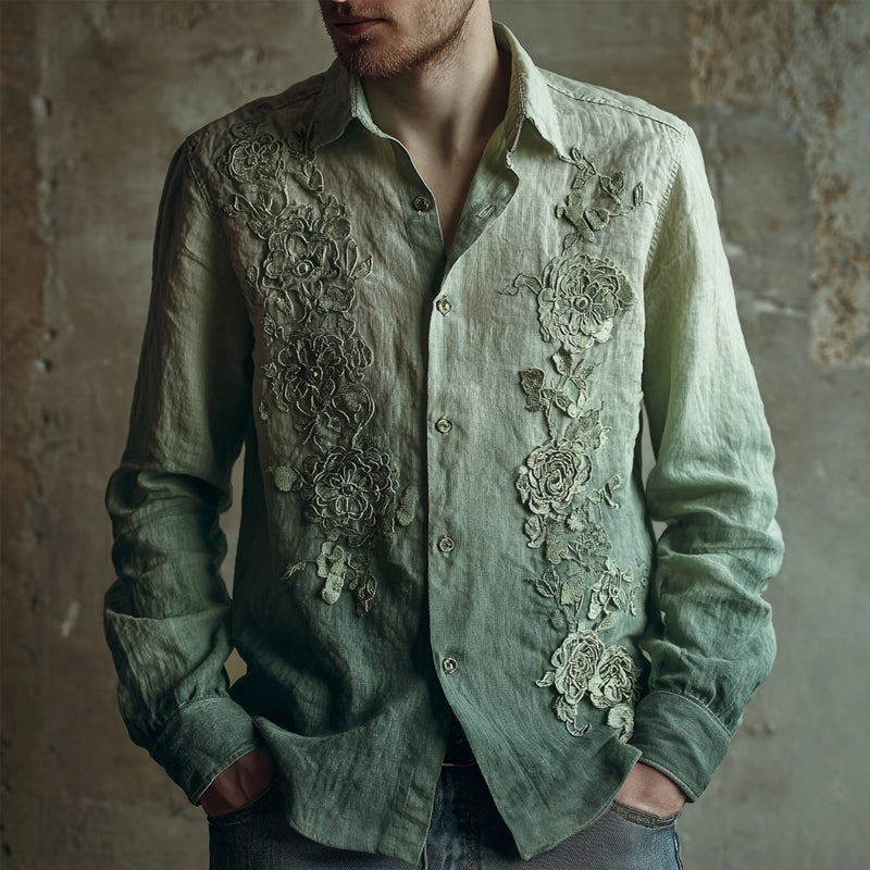 Men's Lace Floral Embroidered Vintage Linen Blouse elevenforest