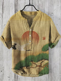 Cranes & Pine Trees Sunrise Japanese Linen Blend Shirt elevenforest
