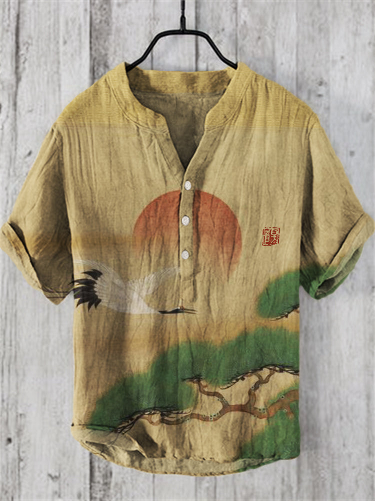 Cranes & Pine Trees Sunrise Japanese Linen Blend Shirt elevenforest