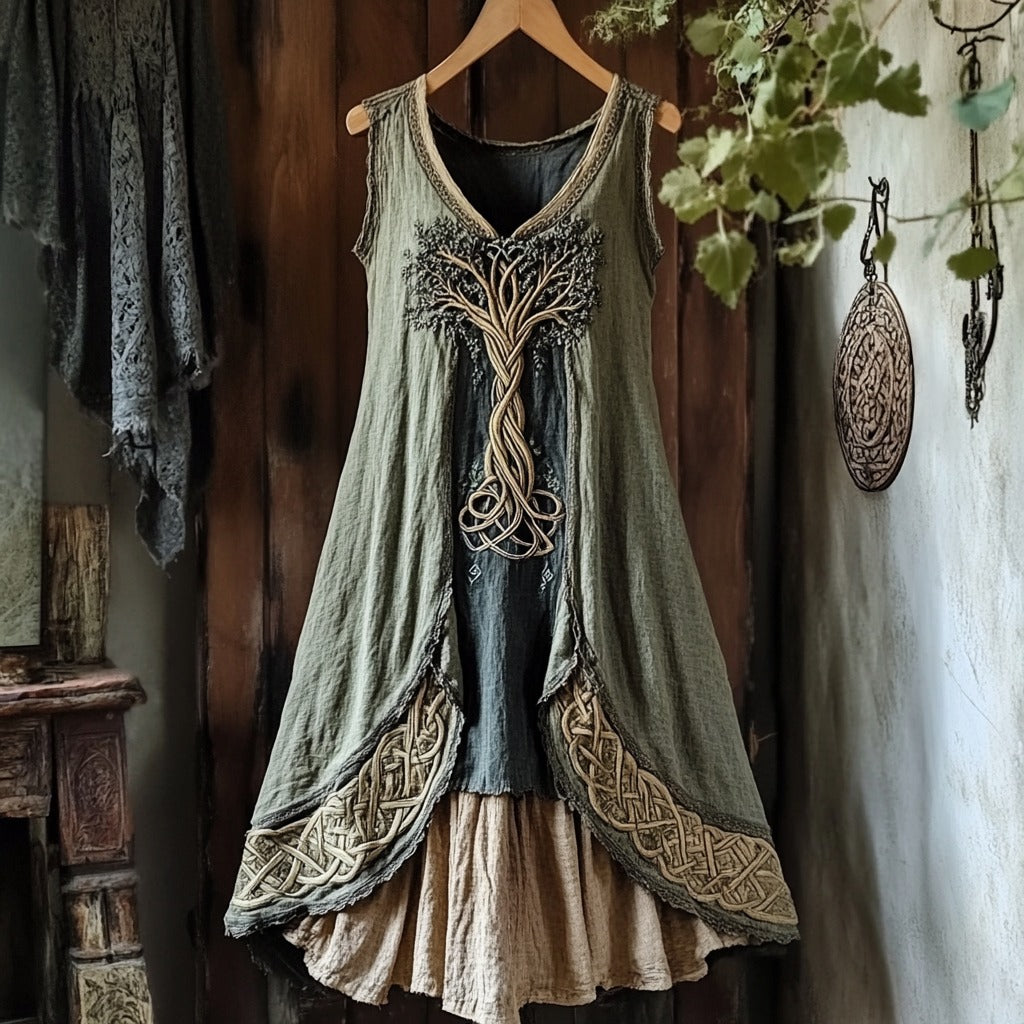 Viking Tree Of Life Celtic Knot Patchwork Art Linen Tank Dress elevenforest