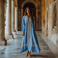 Greek Key Print V-neck Loose Midi Dress elevenforest