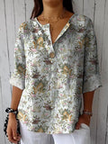 Woodland Animals And Floral Pattern Printed Women's Casual Cotton Linen Shirt