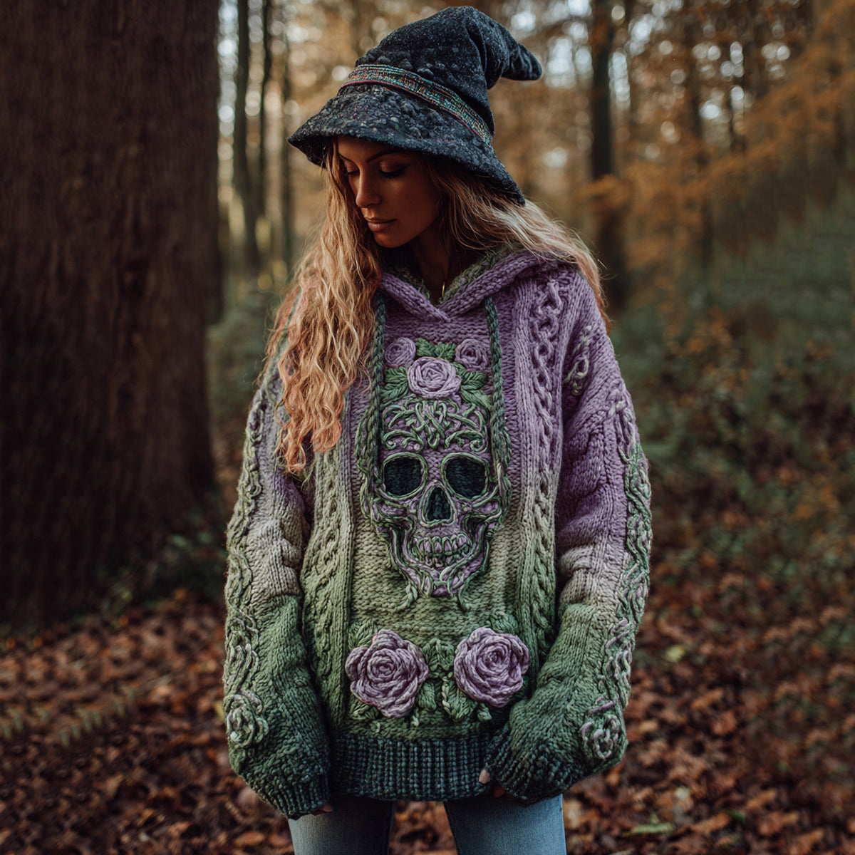 Women's Viking Tribal Jacquard Celtic With Rose And Skull Inspired Chunky Knit Hooded Sweater elevenforest