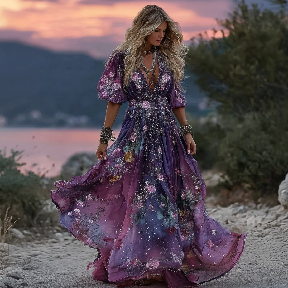 Retro Boho Rose Embroidered Sequined Gradient Maxi Dress elevenforest