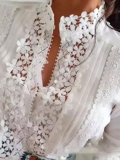 Long Sleeves Loose Buttoned Embroidered Color Split-joint Stand Collar Blouses&shirts Tops
