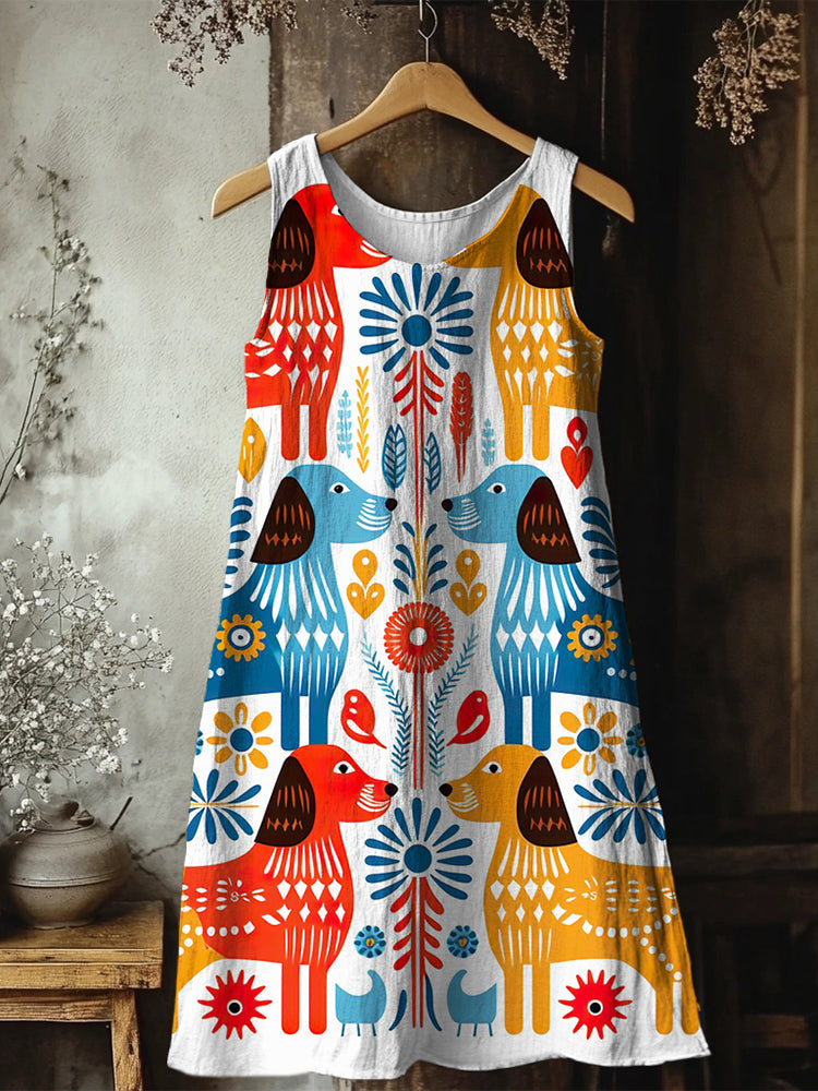 Comstylish Scandinavian Cottagecore Dog Pattern Linen Midi Dress