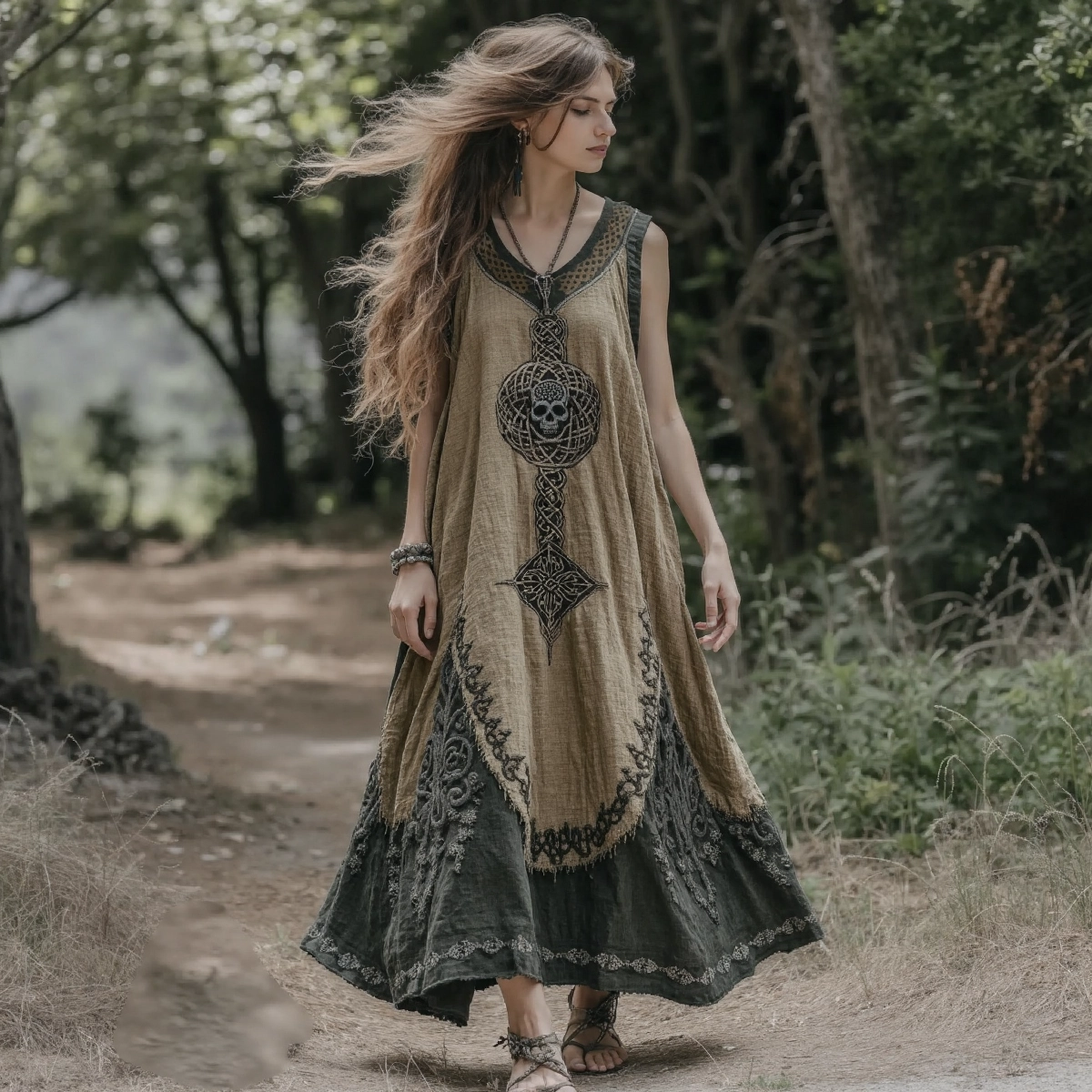 Vintage Tribal Viking Celtic Knot Linen Blend Tank Midi Dress elevenforest
