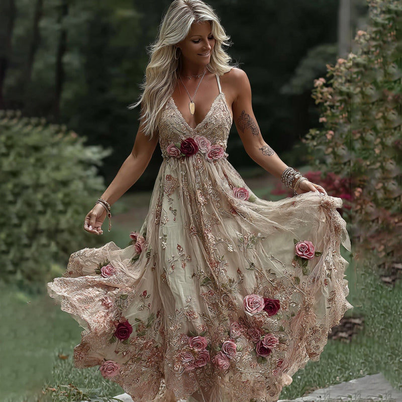 Women's Vintage Rose Floral Embroidery Art V-neck Suspender Maxi Dress elevenforest