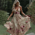 Women's Vintage Rose Floral Embroidery Art V-neck Suspender Maxi Dress elevenforest